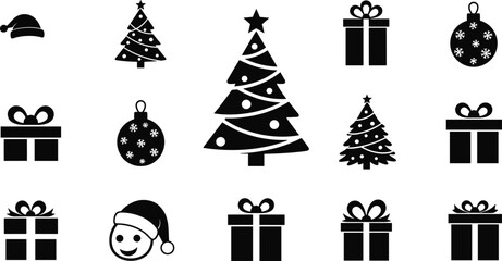 Christmas tree, gifts, Santa hat, and ornament silhouette icons set, perfect festive vector for holiday decoration and celebration design