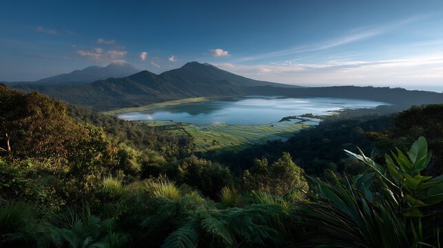 Serene mountain lake landscape with lush vegetation and rice terraces in Bali