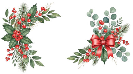 Naklejka premium Watercolor Christmas Corner Floral Set with Red Berries, Holly Leaves, Eucalyptus and Bow Clipart