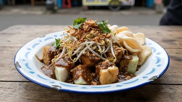 A plate of delicious Indonesian street food featuring tofu, rice cakes, bean sprouts, and peanut sauce.