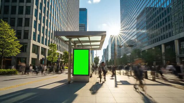 Timelapse of a Busy City Street with a Green Screen Billboard at a Bus Stop.