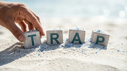 Navigating challenges Wooden block trap message on sandy beach hand reaching out in sunshine obstacle awareness problem