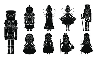 Fairy tale silhouettes, nutcracker soldiers, magical fairies, royal princesses, fantasy queens, holiday characters, festive icons, black vector illustration, elegant design