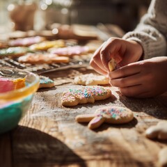 A person making a snowman out of cookies and cake mix.