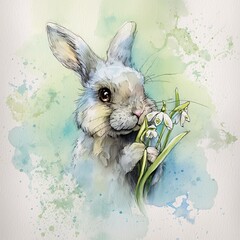 A rabbit holding white flowers in its paws