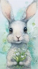 A rabbit with a plant in its paws