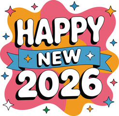 Happy New Year 2026 vector design with bold white text, blue ribbon, vibrant splash background, and festive star accents.
