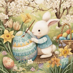 A white rabbit sitting in front of a blue Easter basket and flowers
