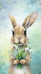 Cute Bunny with Flowers in Hand