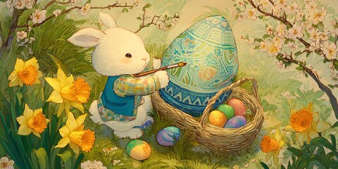 Easter Basket with Rabbit and Flowers