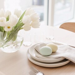 Easter breakfast with eggs and tulips on a plate
