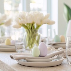 Egg carton on a white plate with a vase full of flowers behind it