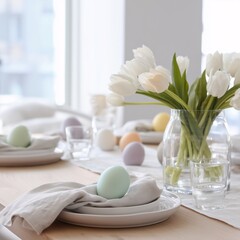 Easter table setting with decorations and beverages