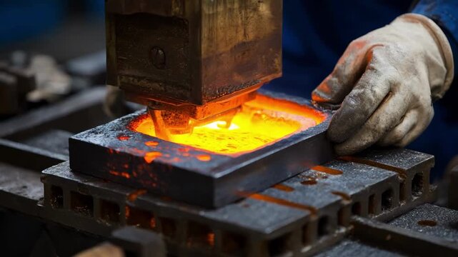 Medium shot of a technician carefully inspecting a heated die during the annealing process showcasing the softening stage after extrusion for improved tool durability.
