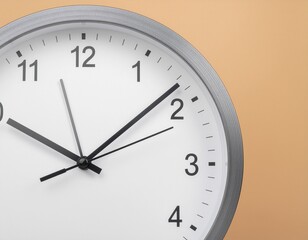 Close up of a modern analog wall clock face showing the time with clear numerals and hands