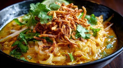 Delicious bowl of spicy Asian noodle soup topped with crispy fried onions, fresh herbs, and lime wedges in a dark bowl on a rustic wooden table