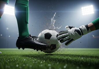 Intense Close-up of Goalkeeper Reaching for Soccer Ball as Player Kicks, Creating Splash and Dust on a Wet Field Under Bright Stadium Lights.