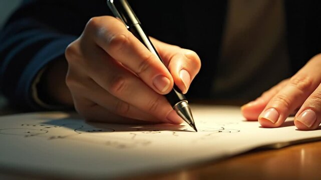 Woman writing on paper with pencil at night, illuminated by warm light, for creative work or learning