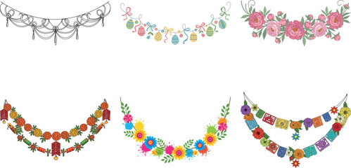Collection of six decorative floral garlands, each with unique design, isolated on transparent background