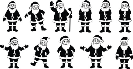 Santa Claus character set with different poses and gestures, Christmas holiday illustration collection of festive Santa icons