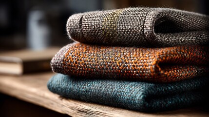 Stack of textured wool blankets in warm, earthy tones on a rustic wood surface