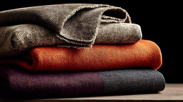 Stack of cozy, textured blankets in warm autumnal colors on wooden surface - Powered by Adobe