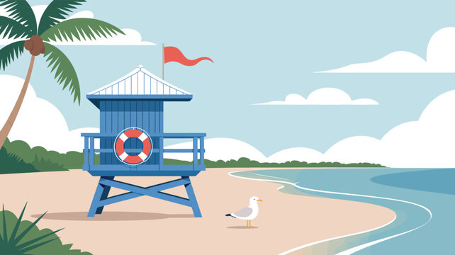  Sunny tropical beach scene with a blue lifeguard tower, waving red flag, seagull, palm tree, soft sand, and calm ocean waves under a bright sky, summer coastal landscape illustration