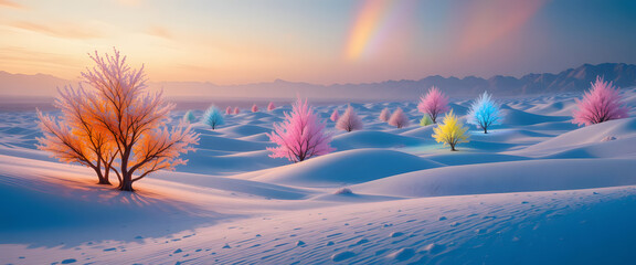 A surreal but realistic frozen desert landscape with rolling snow dunes glowing under multi-colored ambient light from the sky, scattered transparent glass-like trees illuminated with neon orange