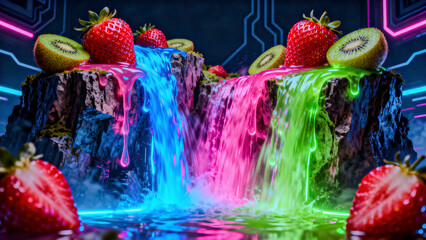 A waterfall made entirely of glowing liquid fruit juice cascading over giant strawberries and kiwis arranged like cliffs.