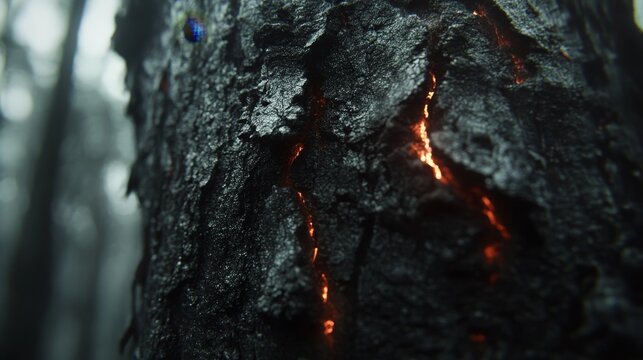 A closeup view of charred tree bark with glowing embers can be seen, depicting the aftermath of a forest fire
