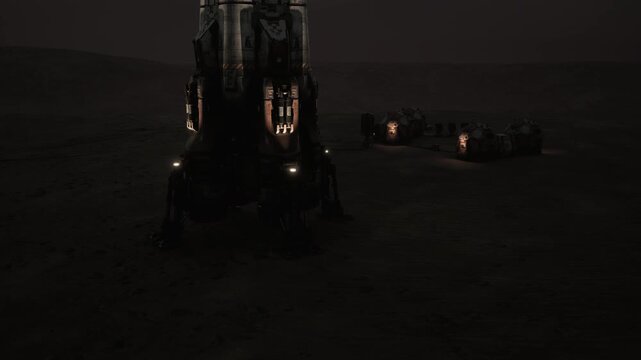 A Mars colony base is being established at twilight, showcasing a launch vehicle alongside various equipment. The barren landscape is illuminated by lights guiding the initial setup.