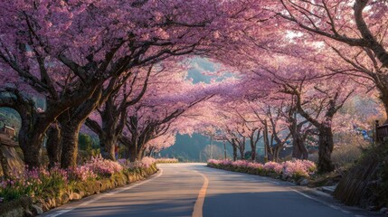 Fototapeta premium Serene Landscape of Cherry Blossom Trees Framing a Scenic Road at Sunrise in a Tranquil Setting with Vibrant Pink Blooms and Soft Light