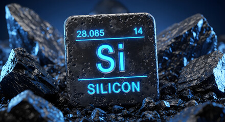 Silicon chemical element symbol on glowing black stone cube