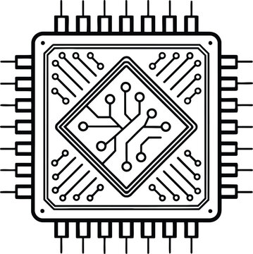 Illustration of a black and white computer chip with intricate circuit patterns and multiple pins