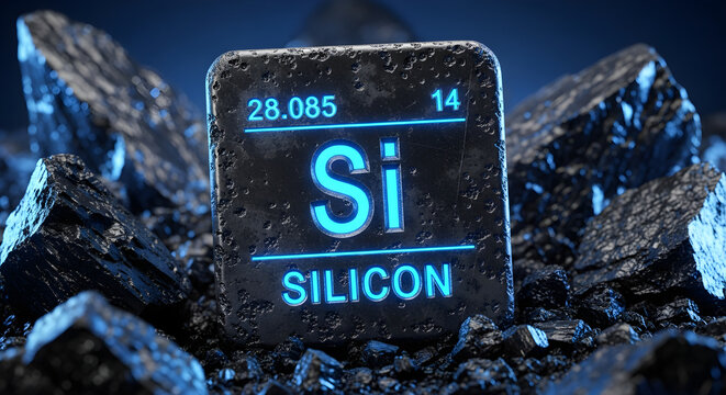 Silicon chemical element symbol on glowing black stone cube