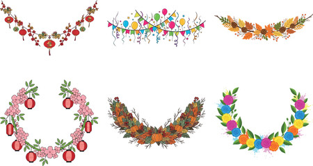 Collection of six colorful floral garlands isolated on transparent background, perfect for adding a touch of nature to designs
