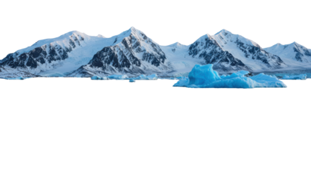 towering, jagged arctic peaks covered in crystalline snow and glowing glacial blue ice, perfectly reflected in the glass-smooth, indigo sea at blue hour. concept of pristine nature and isolation