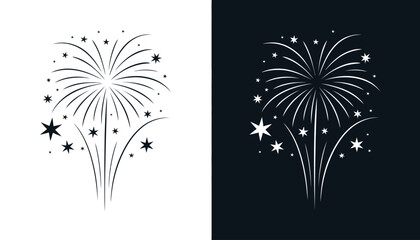  Elegant vector illustration of fireworks with stars and sparkles displayed on contrasting white and dark backgrounds, symbolizing celebration, festive events, holidays, parties, joy and decorative de