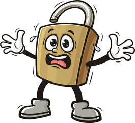 Cartoon padlock mascot is panicking and scared