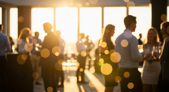 People networking at a business social event with sunset bokeh. - Powered by Adobe