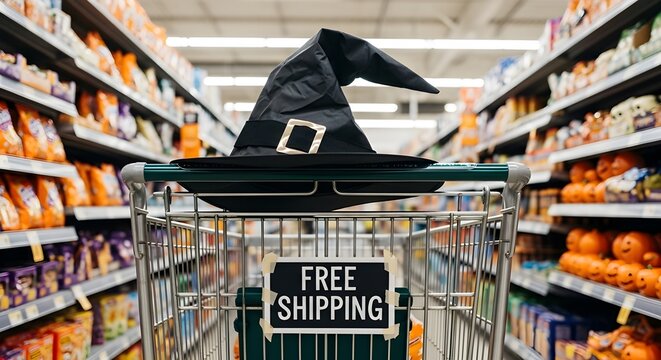 Witchs hat in a shopping cart with a free shipping sign in a grocery store aisle