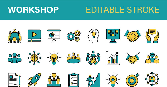 Workshop icons, business training vector set, corporate teamwork symbols, strategy meeting signs, education seminar collection, editable stroke illustrations for presentation and learning