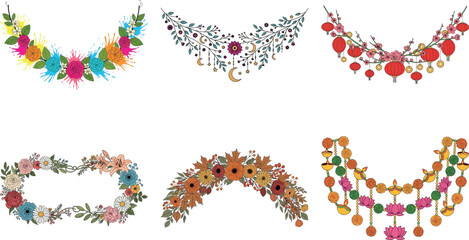 Collection of six decorative floral garlands isolated on transparent background, perfect for adding a touch of elegance