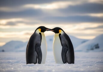 Obraz premium Pair of Elegant Penguins Sharing Affection in a Snowy Landscape with Soft Light Background