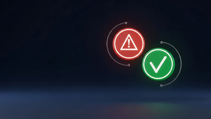 Digital warning and success icons with glowing neon lights on dark background
