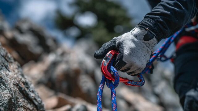 115Gloved fingers manipulating a red anodized carabiner, blue rope looped securely through, rocky background blurred for dramatic depth