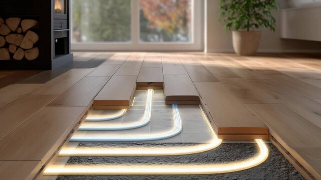 117Cross-section illustration style view of radiant heated floor, glowing tubing beneath wood planks, cozy ambient colors
