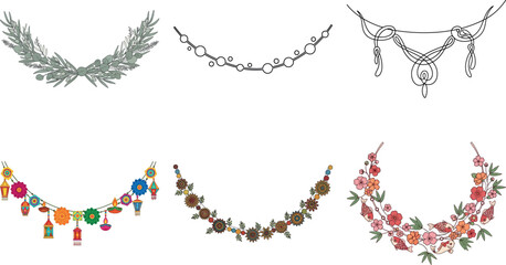 Collection of festive garlands with floral and ribbon elements isolated on transparent background for celebrations