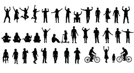 Happy diverse people silhouettes collection, active lifestyle, large group, children adults celebrating success, jumping, sitting, cycling, standing poses, black vector.