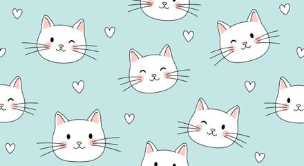 A delightful seamless pattern featuring cute cartoon white cat faces with varied expressions and small white hearts on a gentle light blue background.